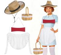 Cozypower Women's Cosplay Costume, Woven Bamboo Basket, White Ruffled Apron, Straw Hat, Storybook Character Dress Set for Halloween, Cosplay, Themed Parties