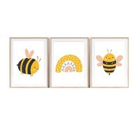 CozyPrints Bee Nursery Wall Art Prints - Set of 3 Unframed Posters for Baby Room, Kids Bedroom, or Playroom - Cute Bumblebee and Rainbow Decor for Boys and Girl (A3 (29.7 x 42.0 cm))