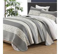 CozyQQ Gray Floral Striped Quilt - 100% Cotton King Size Quilt Sets Grey White, Vintage Lightweight Reversible Bedspread, 3-Piece Comforter Coverlet Bedding Set with 2 Pillow Shams, 98"x106"