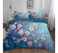 CozyRest Beautiful Cherry Blossom Floral Art Bedding Small Double Duvet Covers with Pillowcase, All-Season Quilt Cover Ultra Soft Comfy Blue Bedding for Child Hypoallergenic Duvet Covers Set Teenager