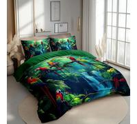 CozyRest Colorful Parrots Tropical Forest Pattern Duvet Cover Set, 3 Piece Bedding Set for Teenagers Kids, Single Size 135x200 cm, Modern Bedroom Decor, Forest Green