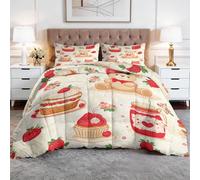 CozyRest Comforter Set Super King, Reversible Bedding Set for Adult, Cartoon Bear Strawberry Jam Pattern Comforter Duvet, Flower Quilted Duvet, Hypoallergenic Quilt Set, Stylish Bedroom Decor, Cream