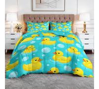 CozyRest Comforter Set Super King, Reversible Bedding Set for Adult, Yellow Rubber Duck Bubbles Pattern Comforter Duvet, Flower Quilted Duvet, Hypoallergenic Quilt Set, Stylish Bedroom Decor, Blue