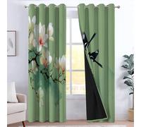 CozyRest Curtains for Child Bedroom, Eyelet Thermal Insulated Blackout Curtain - Oriental Flowers And Birds Watercolor Light Green Window Treatment Sets W 46" x L 54" Drapes