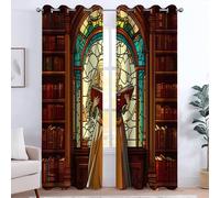 CozyRest Curtains, Stained Glass Windows Vintage Library Eyelet Thermal Insulated Room Balance Temperature Blackout Curtain for Bedroom Living Room 2 Panels W 29.5" x L 65" Privacy Curtain