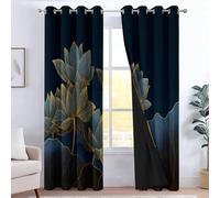 CozyRest Dark Blue Curtains Eyelet Blackout Thermal Insulated Patterned Curtains Lotus Flowers Hand Drawn Style Soundproof Privacy Window Drapes for Kids Bedroom Movie Room 29.5 x 65 inch 2 Panels