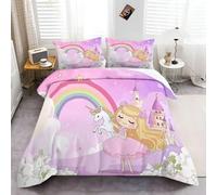 CozyRest Duvet Cover Set Rainbow And Unicorn All Season Bedding with Blonde Princess Myth Castle Pattern, 3 Piece Set for Kids Teens, Single Size Quilt Cover for Kids Aldult 135 x 200cm