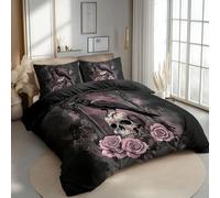 CozyRest Duvet Cover Sets Premium Brushed Microfiber Quilt cover King Size Gothic Style Crow Skull Rose Ultrasoft Hypoallergenic Reversible Black Duvet Covers Non Iron Bedding Set With Zipper Closure