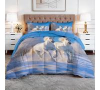 CozyRest king Coverless Duvet, Winter Wonderland Washable Soft Comfortable Bedding Comforter Set 3 Piece, Two White Horses Snowy Pine Forest Reversible Lightweight 230x220 cm Coverles Duvet