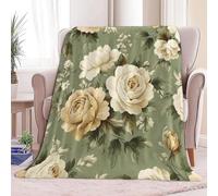 CozyRest Premium Thermal Warm Single Olive Green Blanket, Super Soft Fleece Vintage Rose Elegant Florals Sherpa Throw Blanket, Cozy Fluffy Lightweigh Blanket for Bed Sofa Couch 130 x 150 cm