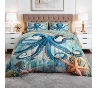 CozyRest Single Coverless Duvet, Watercolor Ocean Animal Washable Soft Comfortable Bedding Comforter Set 3 Piece, Blue Octopus Antique Map Reversible Lightweight 135x200 cm Coverles Duvet
