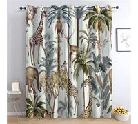 CozyRest Tropical Palm Trees Curtains - Wild Animals Deer Giraffe And Elephant Pattern Eyelet Thermal & Room Darkening Blackout Window Drapes for Bedroom Living Room 2 Panels 92 x 72 in