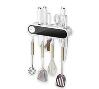 COZYTO Wall Mounted Knife Holder with Built-in 2-Stage Sharpener & 4 Hooks - 3-in-1 No Drill Adhesive Kitchen Knife Rack Organizer - Space Saving Wall Storage for Knives & Utensils (Obsidian Black)