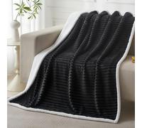 COZYXWORLD Flannel Sherpa Blanket 520GSM, Double Size 150x200cm Heavyweight Soft Reversible Throw, Thick Striped Ribbed Bedspread for Sofa & Bed, Machine Washable, Charcoal Dark Grey