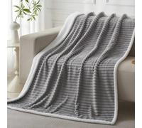 COZYXWORLD Flannel Sherpa Blanket 520GSM, Double Size 150x200cm Heavyweight Soft Reversible Throw, Thick Striped Ribbed Bedspread for Sofa & Bed, Machine Washable, Grey