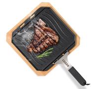 cozze Reversible Cast Iron Pan with Bamboo Tray, 33 x 33 cm, Perfect for Meat, Fish & Vegetables, Removable Handle, LFGB Certified