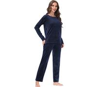 COZZIPLUS Women Velour Sweatsuits Sets Lounge Set 2 Piece Sweatsuit Crew Neck Sweatshirt and Sweatpant Velvet Jogging Suit, Navy, M