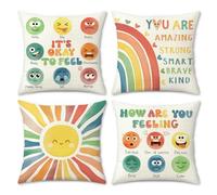 COZZSNUGE Calming Corner Cushion Covers Kids Rainbow Sun Emotion Polyester Decorative Pillowcases for Home Bed Classroom Nursery Reading Corner 45 x 45 cm Set of 4