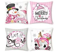 COZZSNUGE Christmas Cushion Covers Pink Snowman Gnomes Hat Let it Snow Winter Holiday Velvet Decorative Pillowcases for Sofa Bed Home Patio 45 x 45 cm Set of 4