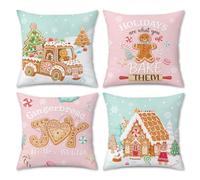 COZZSNUGE Christmas Gingerbread Cushion Covers 45x45cm Set of 4 | Soft Velvet Fabric, Pink Mint-Green Xmas Bakery House Truck Winter Decorative Pillowcases, Perfect for Sofa Bed Home Patio