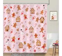 COZZSNUGE Christmas Gingerbread Man Shower Curtain, Pink Snowman Candy Cane House Winter Bathroom Curtain 180 x 180 cm, Water Repellent Mildew Resistant Polyester with 12 Hooks