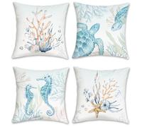 COZZSNUGE Coastal Cushion Covers Summer Blue Starfish Sea Turtles Seahorses Velvety Decorative Pillowcases for Sofa Bed Home Patio 45 x 45 cm Set of 4