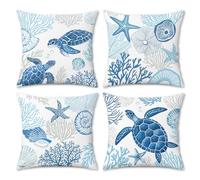 COZZSNUGE Coastal Turtle Cushion Covers Beach Themed Seashell Coral Starfish Ocean Velvet Decorative Pillowcases for Sofa Bed Home Patio 45 x 45 cm Set of 4
