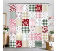 COZZSNUGE Cute Checkered Floral Shower Curtain, Boho Pink Green Patchwork Flower Plaid Retro Bathroom Curtain 180 x 180 cm, Water Repellent Mildew Resistant Polyester with 12 Hooks