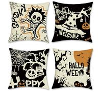COZZSNUGE Halloween Cushion Covers Black Orange Pumpkin Skull Witch Hat Castle Polyester Decorative Pillowcases for Sofa Bed Home Patio 45 x 45 cm Set of 4