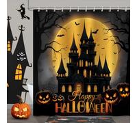 COZZSNUGE Halloween Shower Curtain, Full Moon Bat Pumpkin Lantern Spooky Castle Bathroom Curtain 183 x 183 cm, Water Repellent Mildew Resistant Polyester with 12 Hooks