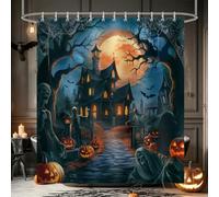 COZZSNUGE Halloween Shower Curtain, Horror Castle Full Moon Ghosts Pumpkin Midnight Forest Bathroom Curtain 180 x 180 cm, Water Repellent Mildew Resistant Polyester with 12 Hooks