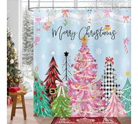 COZZSNUGE Merry Christmas Shower Curtain, Pink Buffalo Plaid Xmas Tree Snowflake Winter Holiday Bathroom Curtain 180 x 180 cm, Water Repellent Mildew Resistant Polyester with 12 Hooks