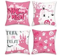 COZZSNUGE Pink Halloween Cushion Covers Pumpkin Ghost Castle Velvety Decorative Pillowcases for Sofa Bed Home Patio 45 x 45 cm Set of 4