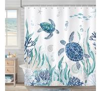 COZZSNUGE Sea Turtle Shower Curtain, Teal Blue Ocean Beach Seashell Starfish Coral Coastal Nautical Bathroom Curtain 180 x 180 cm, Water Repellent Mildew Resistant Polyester with 12 Hooks