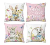 COZZSNUGE Spring Easter Bunny Cushion Covers Cute Rabbit Garden Floral Butterfly Pink Velvet Decorative Pillowcases for Sofa Bed Home Patio 45 x 45 cm Set of 4