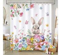 COZZSNUGE Spring Easter Bunny Shower Curtain, Colorful Floral Rabbit Easter Eggs Butterfly Bathroom Curtain 180 x 180 cm, Water Repellent Mildew Resistant Polyester with 12 Hooks