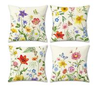 COZZSNUGE Spring Floral Cushion Covers Garden Flower Butterfly Outdoor Farmhouse Polyester Decorative Pillowcases for Sofa Bed Home Patio 45 x 45 cm Set of 4