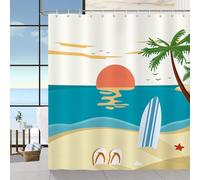 COZZSNUGE Summer Beach Shower Curtain, Yellow Blue Surfboard Coconut Tree Tropical Bathroom Curtain 183 x 183 cm, Water Repellent Mildew Resistant Polyester with 12 Hooks