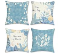 COZZSNUGE Summer Coastal Cushion Covers Starfish Seashell Conch Coral Blue Polyester Decorative Pillowcases for Sofa Bed Home Patio 45 x 45 cm Set of 4