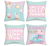 COZZSNUGE Summer Ice Creams Cushion Covers Pink Teal Blue Hello Sweet Truck Decorative Pillowcases for Sofa Bed Home Patio 45 x 45 cm Set of 4