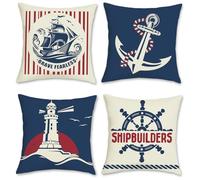 COZZSNUGE Summer Nautical Cushion Covers Boat Anchor Helm Lighthouse Red Navy Blue Decorative Pillowcases for Sofa Bed Home Outdoor 45 x 45 cm Set of 4