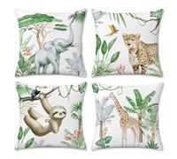 COZZSNUGE Tropical Animal Cushion Covers Elephant Giraffe Leopard Sloth Green Jungle Velvet Decorative Pillowcases for Outdoor Garden Sofa Bed Home Patio 45 x 45 cm Set of 4