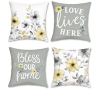 COZZSNUGE Watercolor Floral Cushion Covers Grey Yellow Flowers Modern Farmhouse Velvety Decorative Pillowcases for Sofa Bed Home Garden 45 x 45 cm Set of 4