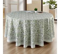 CPC Agate Green Block Print Cotton Handmade Round Tablecloth 90 Inch Decorative Table Cover for Home Decor, Dinning, Festive, Wedding, Farmhouse Gift for Spring, Mother's Day