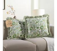 CPC Agate Green Ruffle Throw Pillow Covers for Couch, 24x24 Inch Cotton Stripe Ruffle Couch Pillows for Living Room, Hidden 20 Inch Zipper Boho Pillow Case or Cute Outdoor Pillows