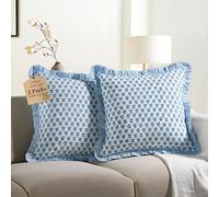 CPC Apatite Blue Ruffle Throw Pillow Covers for Couch, 18x18 Inch Cotton Stripe Ruffle Couch Pillows for Living Room, Hidden 14 Inch Zipper Boho Pillow Case or Cute Outdoor Pillows