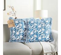 CPC Blue Sapphire Ruffle Throw Pillow Covers for Couch, 24x24 Inch Cotton Stripe Ruffle Couch Pillows for Living Room, Hidden 20 Inch Zipper Boho Pillow Case or Cute Outdoor Pillows