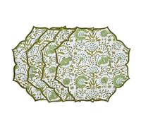 CPC Cotton Placemats Set of 4-Handmade Block Printed Double Layered, Machine Washable, Flower Scalloped & Embroidered Cloth Table Mats - Spring, Easter, Valentines Gift Mat 15 x 15 inch, Agate Green