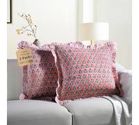 CPC Poppy Pink Ruffle Throw Pillow Covers for Couch, 18x18 Inch Cotton Stripe Ruffle Couch Pillows for Living Room, Hidden 14 Inch Zipper Boho Pillow Case or Cute Outdoor Pillows