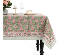 CPC Rectangle Table Cloth, Gray Indian Block Print Cotton Fabric Farmhouse Table Cover for Outdoor, Dining, Parties, Buffet, Wedding- 70x118 Inch, Pink Tourmaline
